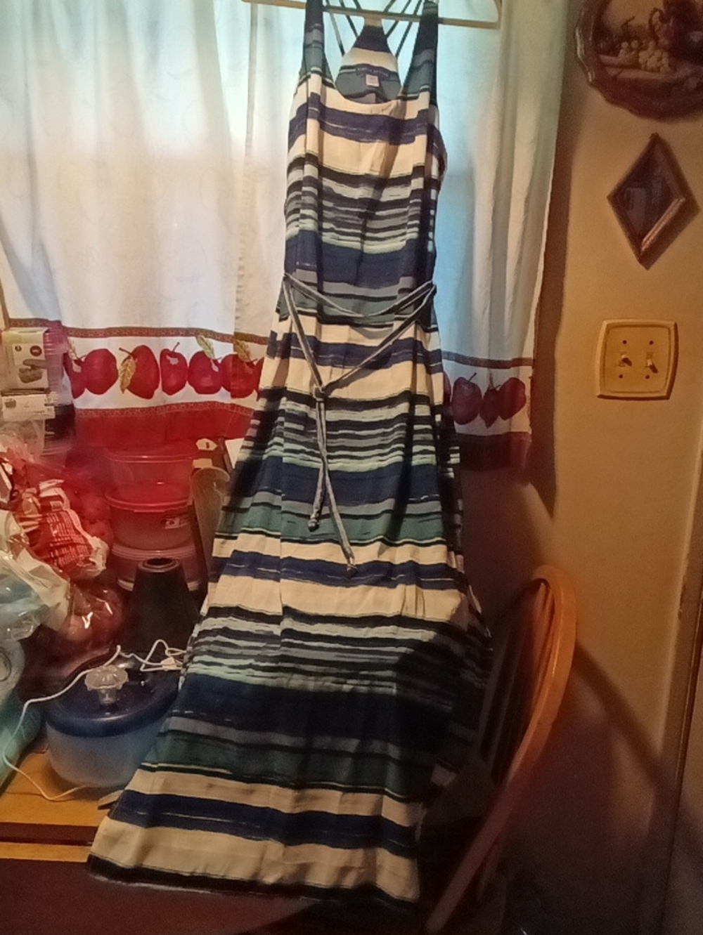 Women's Striped Blue & White Maxi Dress with Tie Waist